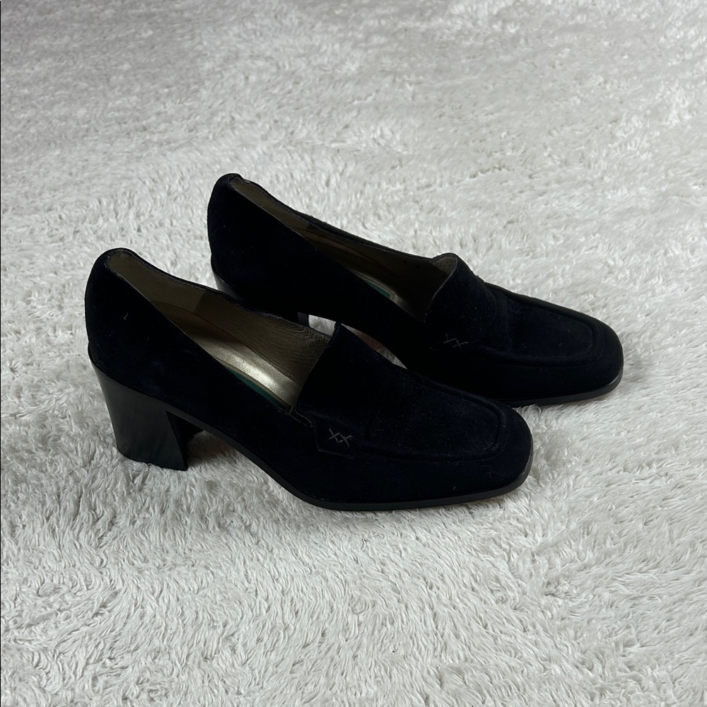 Cole Haan black suede chunky heel loafers, size 6
